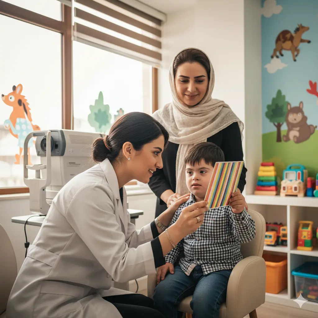 یک چشم‌پزشک زن مهربان ایرانی در حال استفاده از یک اسباب‌بازی یا کارت‌های بصری (تکنیک غیرکلامی) برای معاینه چشم یک کودک پسر مبتلا به سندروم داون (در حالیکه مادر با لبخند آرام‌بخش حضور دارد)، تأکید بر معاینات تخصصی و صبورانه.